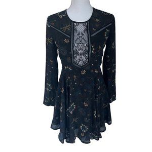 ALC Cynthia Black Multi Floral Print Long Sleeve Lace Inset Silk Mini Dress 2